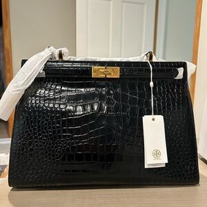 Tory Burch Lee Radziwill Black Croc Leather Suede Top Handle Satchel Purse